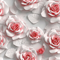 Rose 3d white background illustration seamless pattern, AI Generated