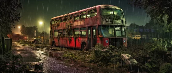 Keuken spatwand met foto red bus double decker london post apocalypse landscape game wallpaper photo art illustration rust © Wiktoria