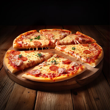 Traditional pizza AI image illustration isolated on black background. Delicious tasty popular food concept. American favourite cuisine 