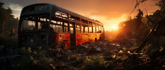 Plexiglas foto achterwand red bus double decker london post apocalypse landscape game wallpaper photo art illustration rust © Wiktoria