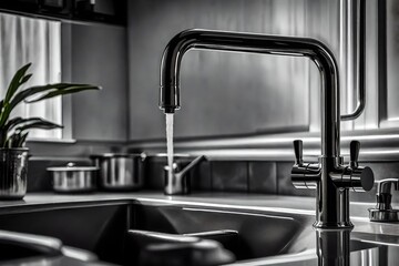 Monochrome kitchen detail of black goose neck tap