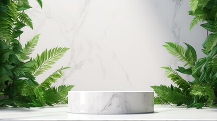 Podium background 3D white marble stand display platform mockup. Stone podium scene summer background 3D render product stage presentation green pedestal plant rock leaf art abstract. Generative AI