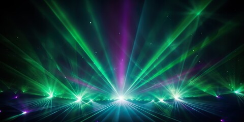 Naklejka premium Lasershow background banner - Closeup of colorful green purple laser beams rays in a club, disco, nightclub or on a festival, in the dark black night | Generative AI