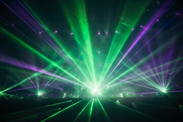Lasershow background banner - Closeup of colorful green purple laser beams rays in a club, disco, nightclub or on a festival, in the dark black night | Generative AI