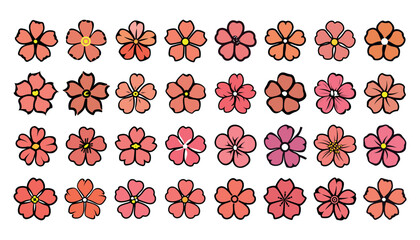 Pink flower with five petals, spring flowers vector drawing set