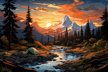 Nature illustration flat design. Beautiful sunset view with forest and mountain in the nature illustration background