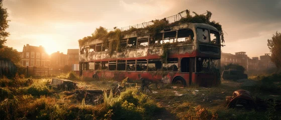 Foto op Plexiglas red bus double decker london post apocalypse landscape game wallpaper photo art illustration rust © Wiktoria
