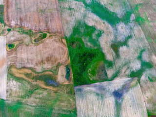 Colorful autumn fields, after taking off from a height, the flight will turn into fields.