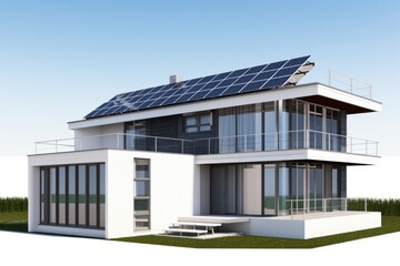 Cutting-edge solar-powered modern home design with eco-friendly technology, lush garden, and panoramic rooftop terrace.