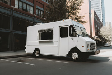 A vintage-style food truck parked on a city street, offering delicious snacks and drinks.
