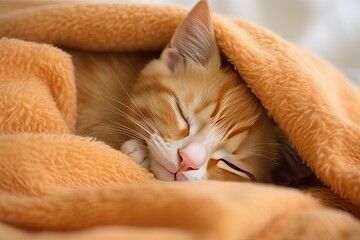 A cute, fluffy, orange kitten rests peacefully on a warm and cozy blanket, radiating adorable charm.