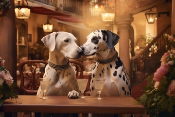 two cute dalmatian dogs having a romantic dinner dinning at the luxurious french parisian restaurant with vintage interior, touching their noses in love - obrazy, fototapety, plakaty