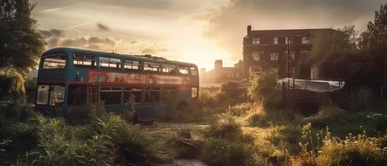 Fotobehang Londen rode bus red bus double decker london post apocalypse landscape game wallpaper photo art illustration rust