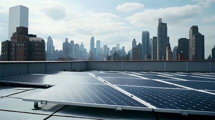 Urban embrace of sustainability as a solar panels graces the rooftop of a NYC building, harnessing...