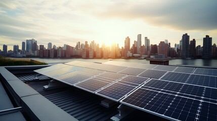 Urban embrace of sustainability as a solar panels graces the rooftop of a NYC building, harnessing clean and renewable energy, while offering views of Manhattan skyline. - obrazy, fototapety, plakaty