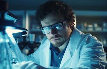 scientist in research laboratory, data analysis, sterile environment, serious facial expression