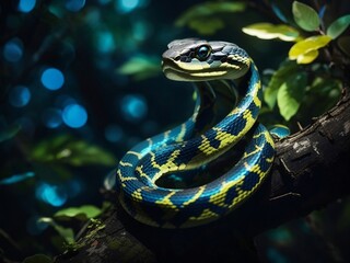 A portrait of a snake on a tree in bioluminescent lighting.