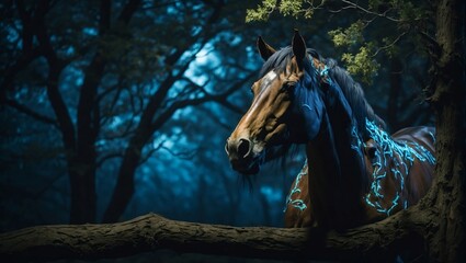 A portrait of a horse on a tree in bioluminescent lighting.
