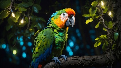 Obraz premium A portrait of a parrot on a tree in bioluminescent lighting.