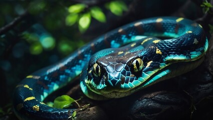 A portrait of a snake on a tree in bioluminescent lighting.