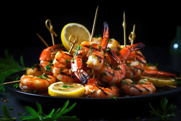 Plate of shrimp with lemon wedges on the side , Generative AI
