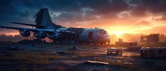 Fotobehang Oud vliegtuig big war plane military post apocalypse landscape war game wallpaper photo art illustration rust