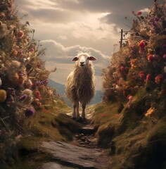 A surreal world where a lone sheep roams through an enchanting field of fantastical flowers,...