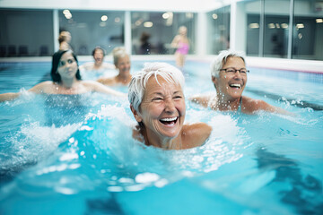 Seniors gather for aqua fitness in an pool, promoting health, wellness, and relaxation in retirement.