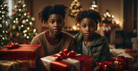Obraz na płótnie Canvas Black Children between christmas gifts in a living room with christmas decoration. Generative AI.