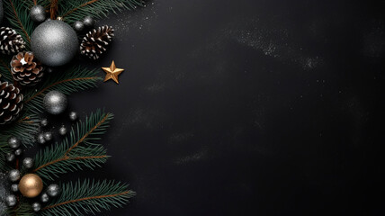 Fototapeta na wymiar Minimalistic design, beautiful festive New Year and Christmas background, green Christmas tree with colorful Christmas ornaments, with empty space for text. holiday mood. Generative AI