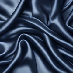 Dark blue silk satin. Soft folds. Fabric. Navy blue luxury background. Space for design.Wavy lines.Banner. Wide.Long. Flat lay, top view table. Beautiful. Elegant. Birthday, Christmas, Valentine's Day