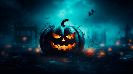 Naklejka premium halloween background image in minimalistic style, with empty space for text, in dark colors with light dims. Generative AI