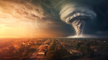 Fototapeta na wymiar Footage showing a tornado approaching a city, a natural disaster in the modern world. Generative AI