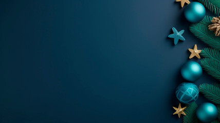 Fototapeta premium Minimalistic design, beautiful festive New Year and Christmas background, green Christmas tree with colorful Christmas ornaments, with empty space for text. holiday mood. Generative AI