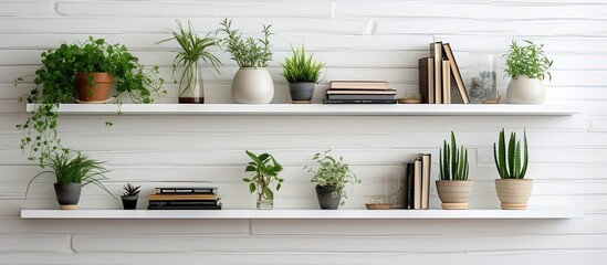 Fototapeta na wymiar Minimalist design concept with plants books and candles near white brick wall