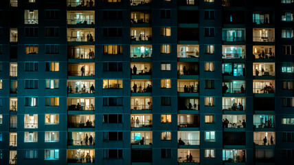 Fototapeta na wymiar A photo of a night city, an apartment building, lots of windows glowing in the night, a shot showing life in a big city. Generative AI
