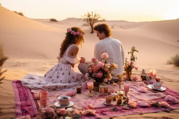 A romantic couple enjoys a desert adventure during their vacation, celebrating love and togetherness against the backdrop of a beautiful sunset. - obrazy, fototapety, plakaty