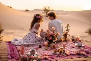 Keuken spatwand met foto A romantic couple enjoys a desert adventure during their vacation, celebrating love and togetherness against the backdrop of a beautiful sunset. © Andrii Zastrozhnov