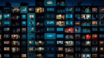 A photo of a night city, an apartment building, lots of windows glowing in the night, a shot showing life in a big city. Generative AI