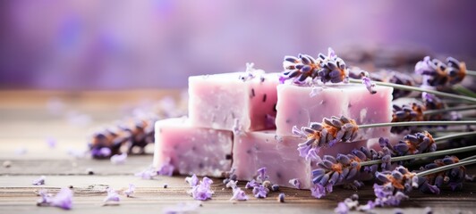 Soap with lavender and milk aroma. Lavender soap with dry lavender flowers and milk. AI generated - obrazy, fototapety, plakaty