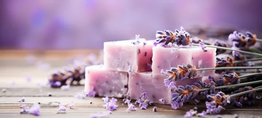 Gordijnen Soap with lavender and milk aroma. Lavender soap with dry lavender flowers and milk. AI generated © Magiurg