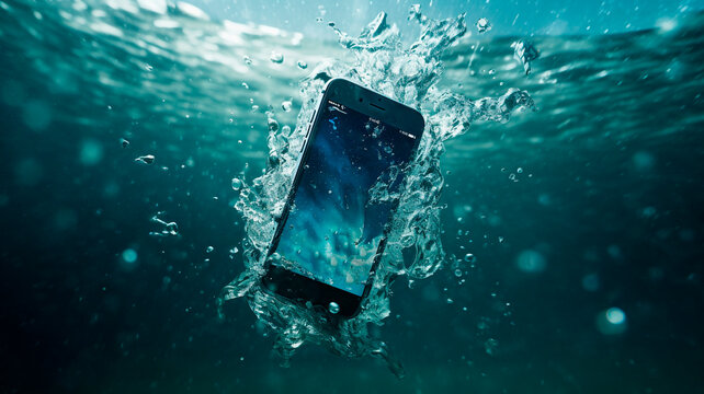 Promotional shot of a protective smartphone. the phone is underwater but working. the shot indicates water protection, ip64. Generative AI