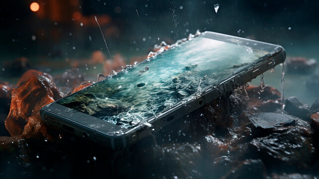Promotional shot of a protective smartphone. the phone is underwater but working. the shot indicates water protection, ip64. Generative AI