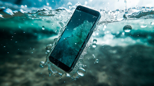 Promotional shot of a protective smartphone. the phone is underwater but working. the shot indicates water protection, ip64. Generative AI