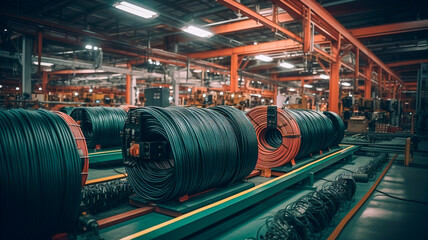 wires and cables in coils, photos of cable production in the factory, based on real photos of cable, Generative AI - obrazy, fototapety, plakaty