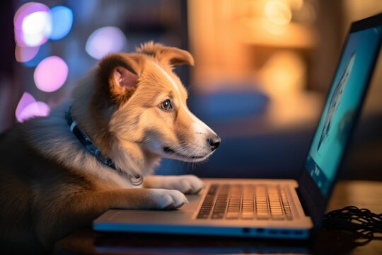 a cute small fluffy shelti or basenji breed dog working on a open laptop, curiously looking at the monitor. Animals with jobs concept