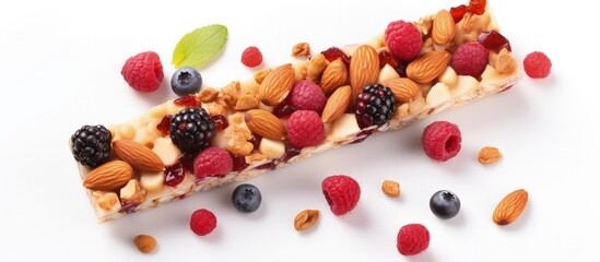 Healthy cereal snack with a variety of nuts and dried fruit protein bars for fitness shown on a white background - obrazy, fototapety, plakaty