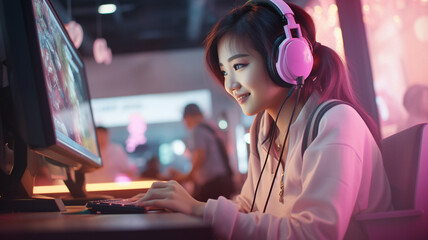 Asian woman in headphones playing video game on computer - obrazy, fototapety, plakaty