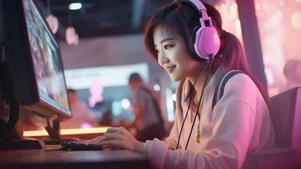 Fotobehang Asian woman in headphones playing video game on computer © Daniel