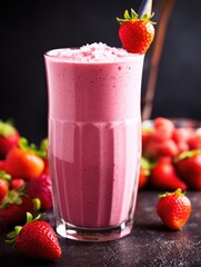 Refreshing strawberry smoothie in a glass topped with fresh fruit and cubes, surrounded by ripe strawberries, perfect for a healthy and sweet treat